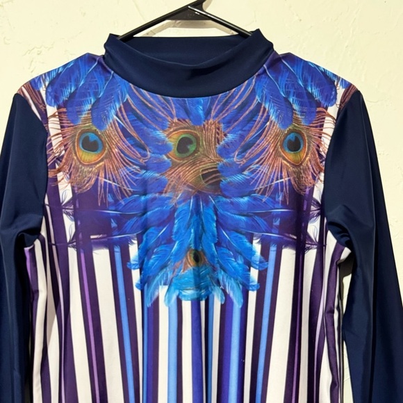 Women’s Peacock Feather Lycra Full-Covered Modest Swimsuit Top Sz L - Picture 5 of 7